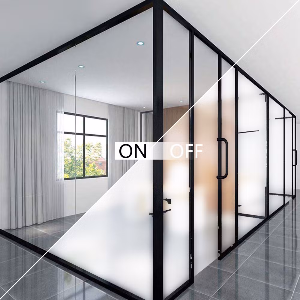 Smart Film comparison showing glass clear when ON and frosted for privacy when OFF